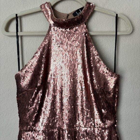 Lulu's Steppin' Out Halter Neck Matte Copper Sequin Romper - Picture 4 of 14
